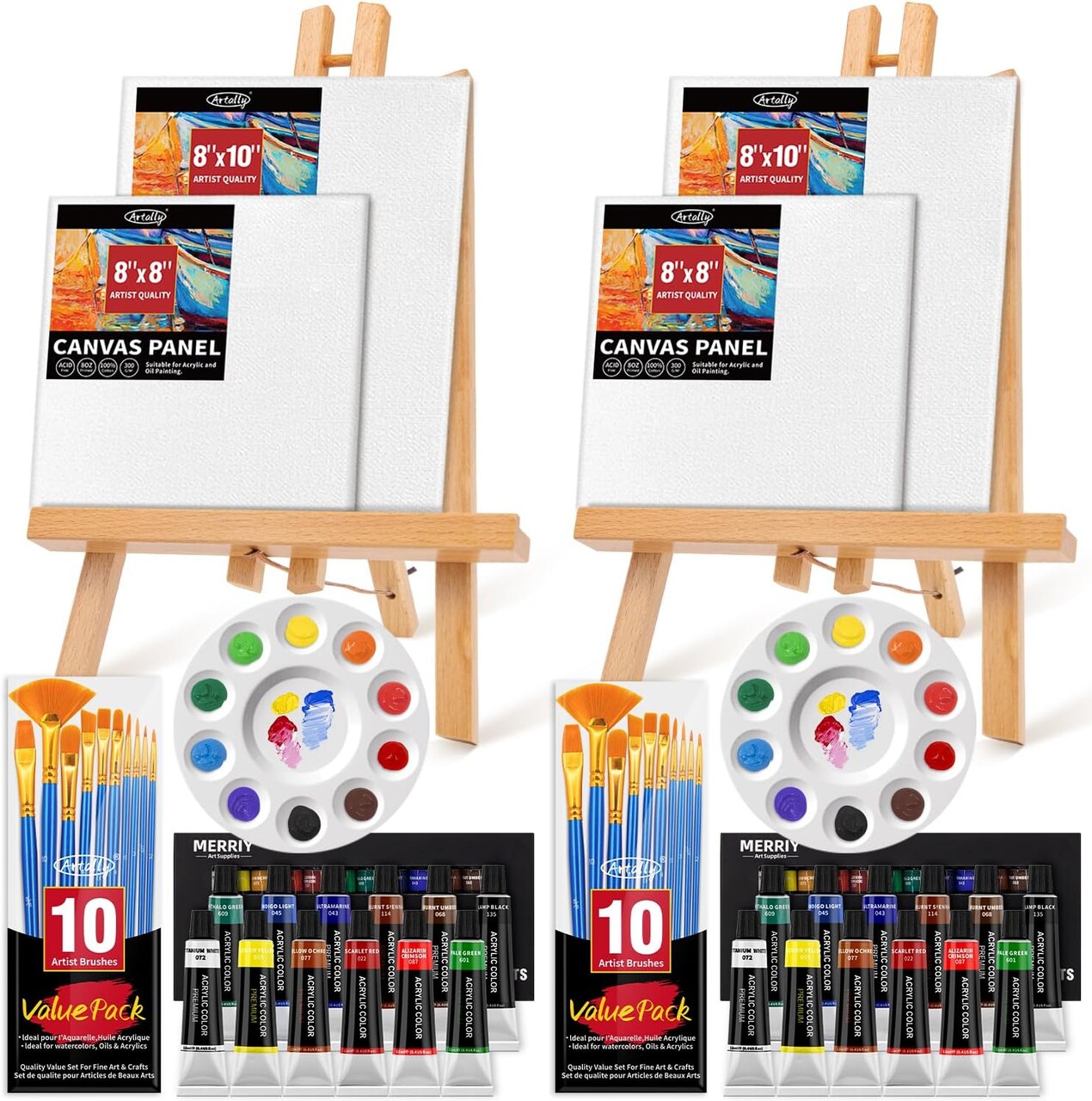 52Pcs Painting Supplies Kit with 2 Beechwood Easel, 2 Set 12 Acrylic Paints, 20 Brushes, 4 Canvases